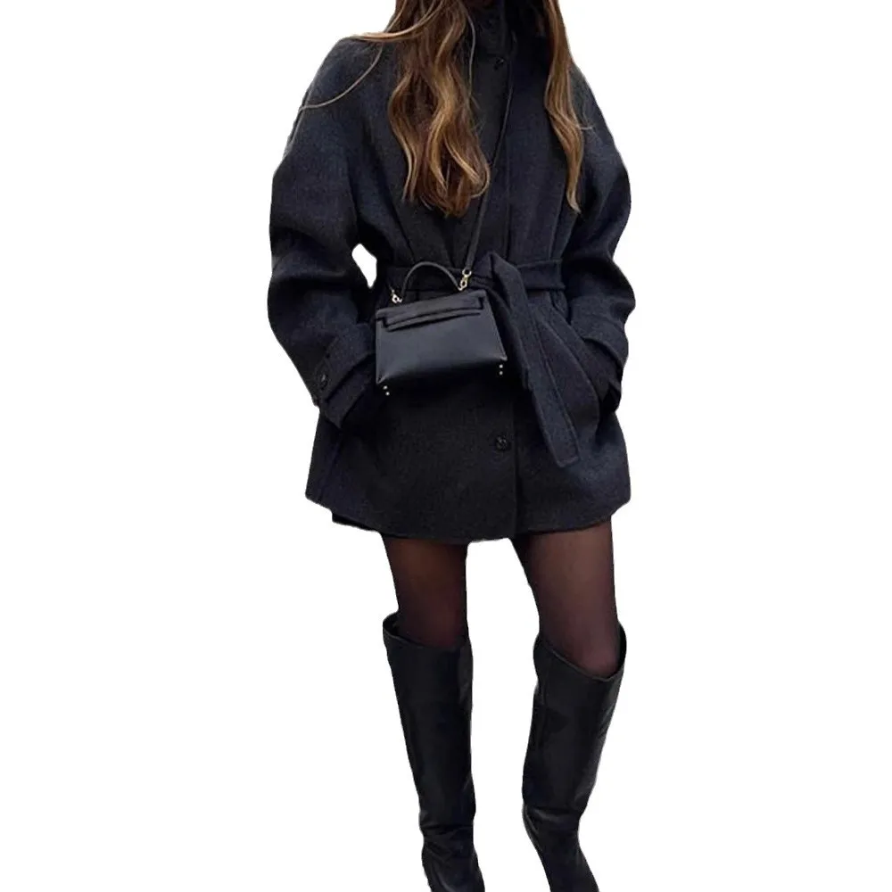Autumn and Winter New Women's Belt Semi-high Neck Solid Color Woolen Coat Jacket