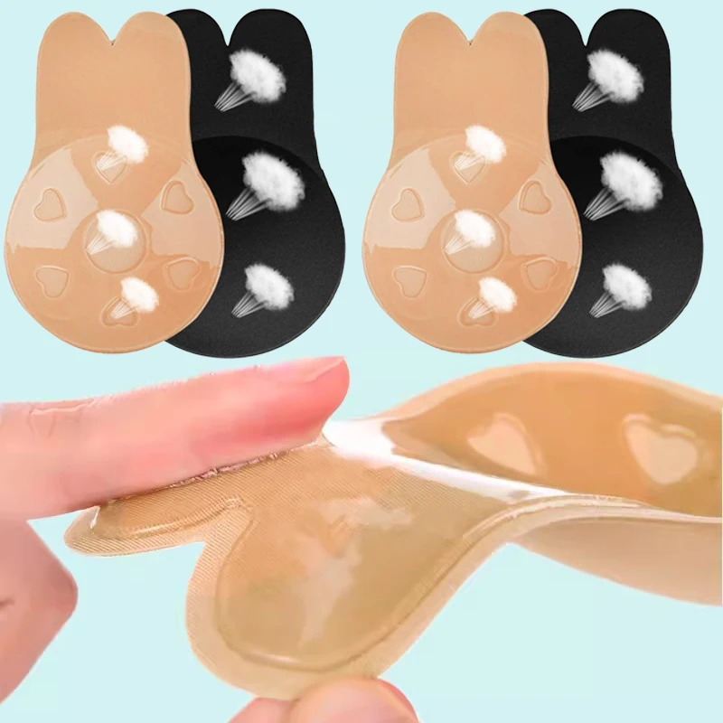 Women Push Up Bras Self Adhesive Silicone Strapless Invisible Bra Reusable Sticky Breast Lift Tape Rabbit Nipple Cover Bra Pads