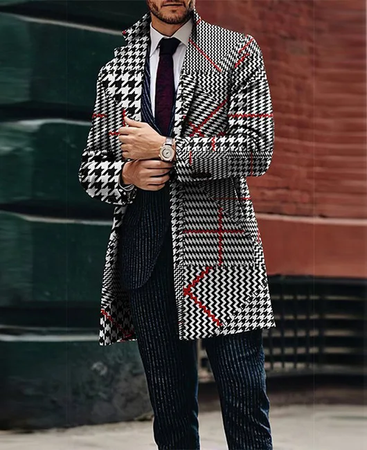 2024 Spring Men's European and American Foreign Trade New Leisure Printed Woolen Medium length Coat Men's Woolen Coat Men's