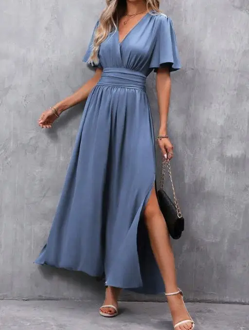 

2026 New Fashion Casual Elegant Sexy and Generous Deep V-Neck Design with Split Pleats On Both Sides Waist Cinching Long Skirt