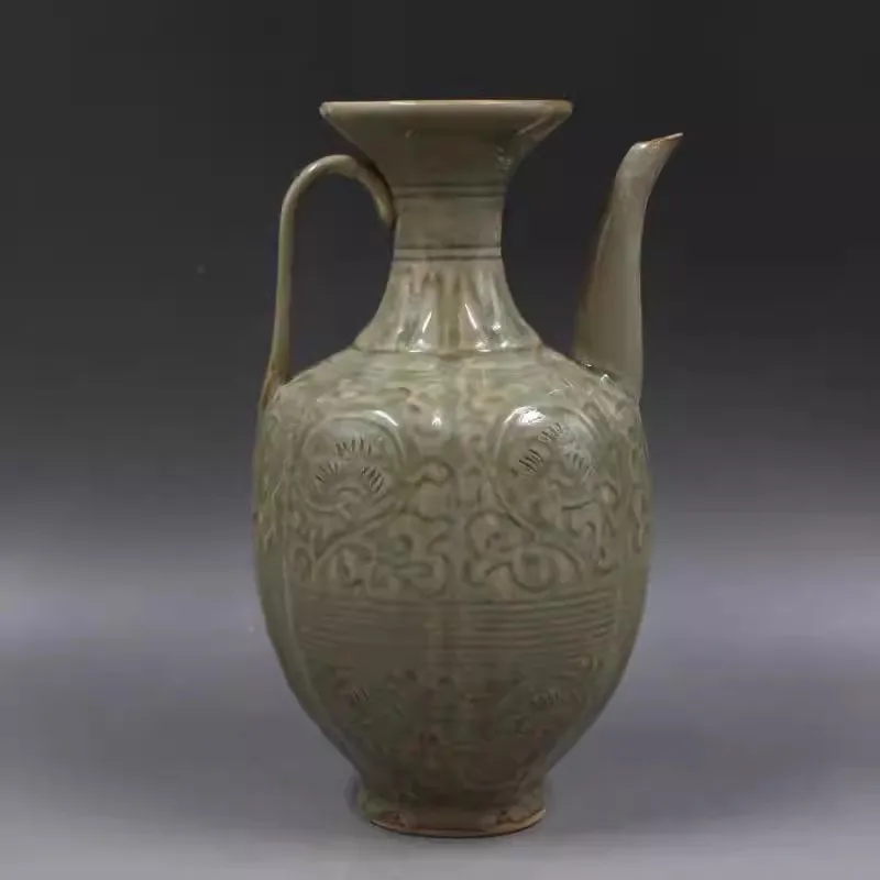 7.87 inch Chinese Song Yaozhou Kiln Brown Porcelain Carved Flowers Design Teapot