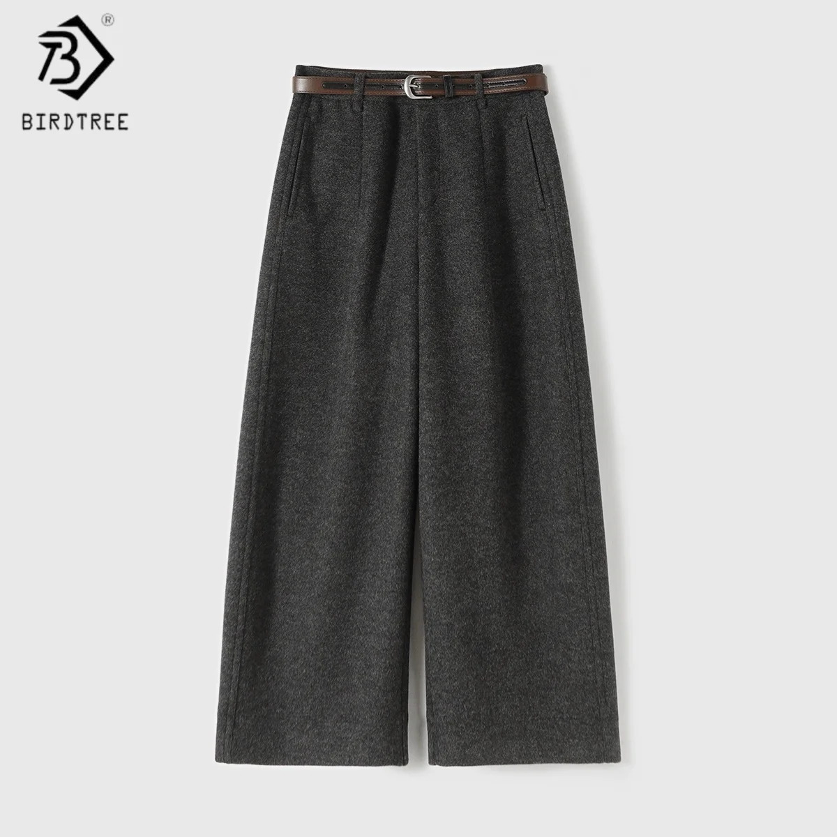 Birdtree Wool Blended Straight Trousers,Woman Commuting Trousers,With Pockets,Mid-waist,2025 Autumn Wide-leg Pants P5D126JF