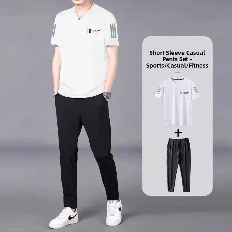 

Спортивный комплект Qui Dry, мужской летний тонкий эластичный комплект для бега Fitn Ice Silk Me ort Sve, длинные брюки, повседневный комплект спортивной одежды