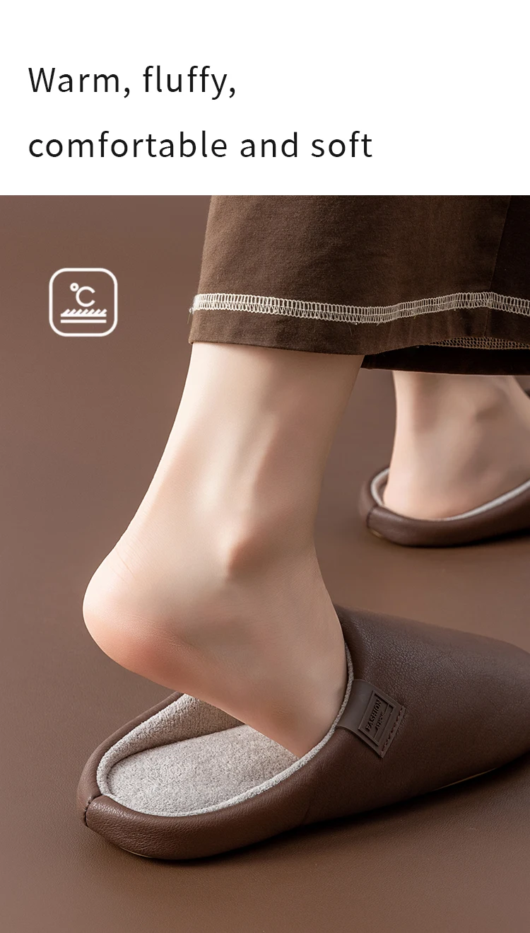Damen-Winterhausschuhe, flauschig gefütterte Hausschuhe mit rutschfester Sohle, wasserdichte Slip-Ons in weichem Lederoptik für Komfort im Innenbereich – Detail 7