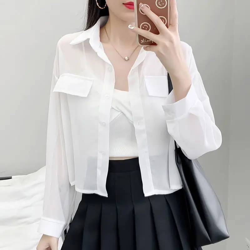 Elegant Lapel Spliced Button Loose All-match Chiffon Shirt Women\'s Clothing 2023 Summer New Casual Tops Office Lady Blous