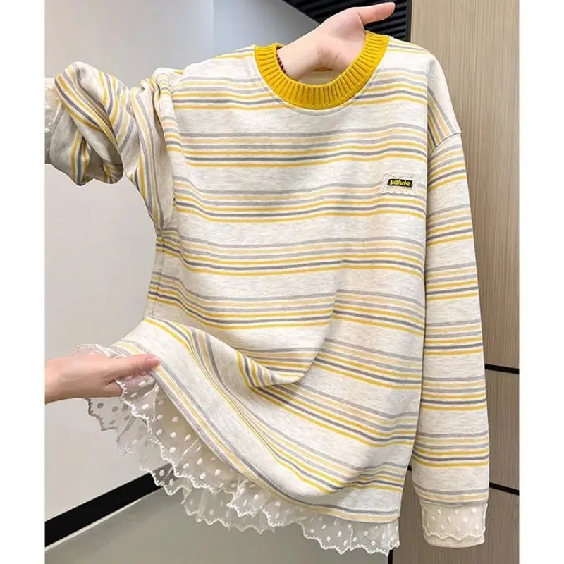 

Флисовый теплый свитер с кружевной отделкой для женщин, милые пуловеры с круглым вырезом и вышивкой в полоску, модная повседневная лоскутная вязаная толстовка