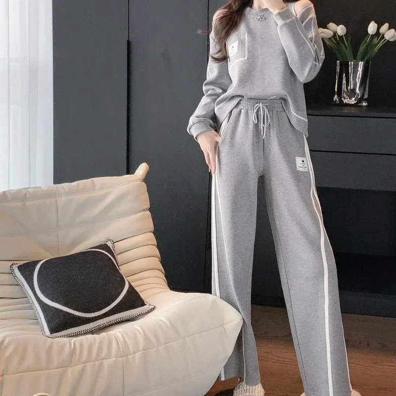 Cotton Sweatshirt Sport Women\'s Pants Two Piece Set Spring Autumn Ladies Trouser Tracksuit Grey Outfit Clothes Y2k Streetwear D