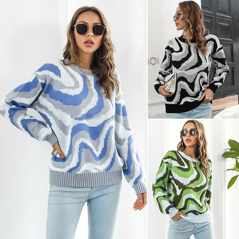 

Autumn Knitted Sweater For Women Pullovers Long Sleeve Tops Fashion Loose Geometric Printing Knitwear Soft Loungewear Sweatshirt