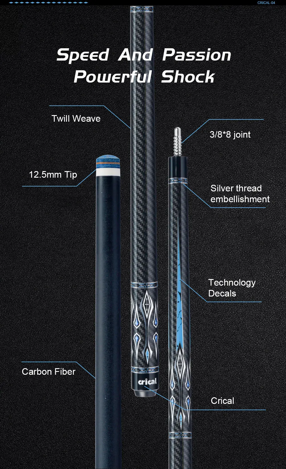 Carbonfaser-Billardqueue mit geringer Ablenkung, 12,5 mm Spitze, 3/8x8 Verbindung, 58 Zoll, Nine-Ball-Billardqueue, CRICAL CL-04 – Detail 4