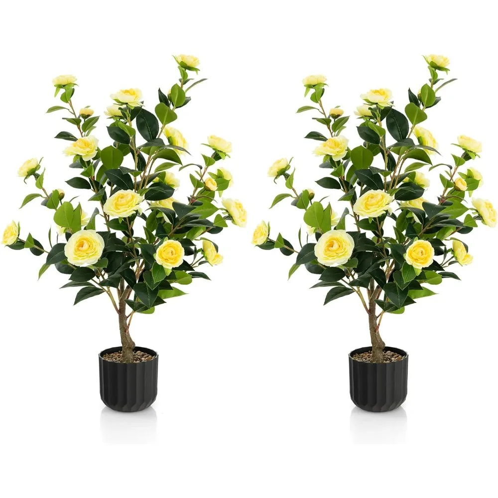 

Artificial Camellia Tree, Faux Floral Plant Blooming Tree in Cement Pot, Outdoor Decoration