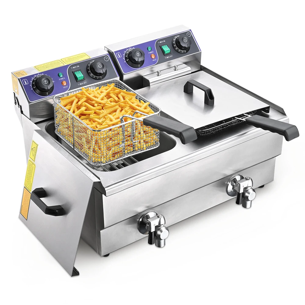 Podofo Commerciële Elektrische Friteuse Dubbele Oliepan Dubbele Afvoerklep Timer 3000W 20L RVS Dubbele Tank Onderwaterfriteuse - afbeelding 2