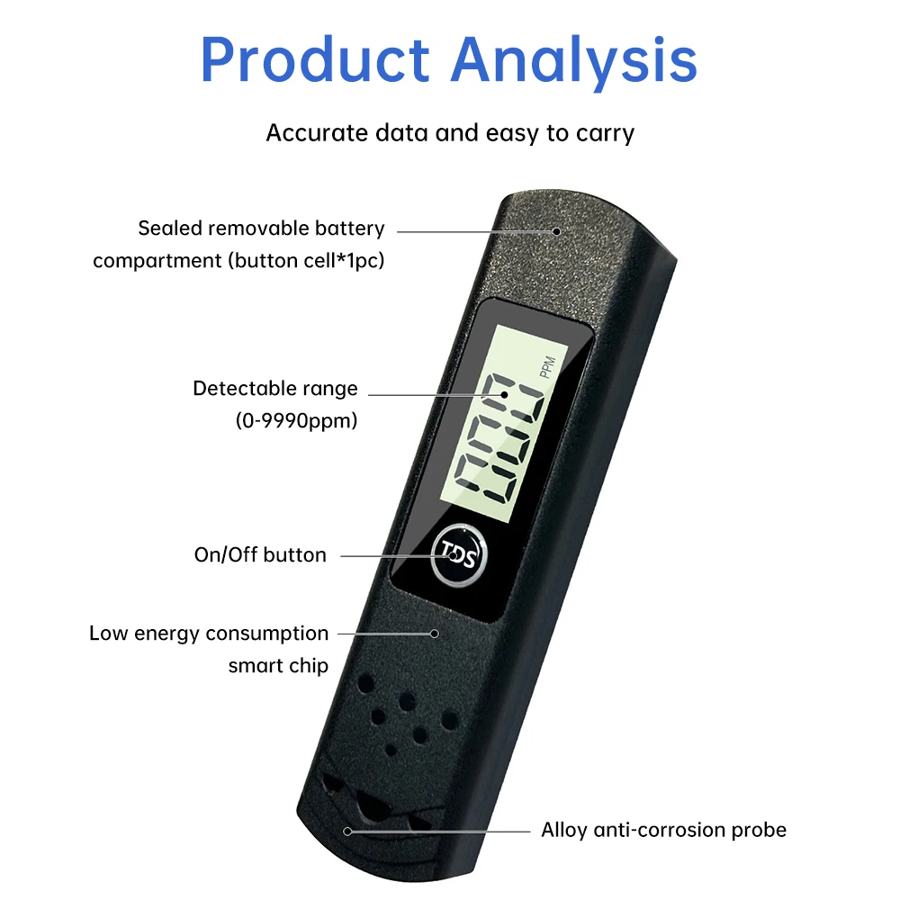 1PC 블랙 디지털 수질 테스터 TDS 미터 범위 0 ~ 9990 물 순도 PPM 테스터
