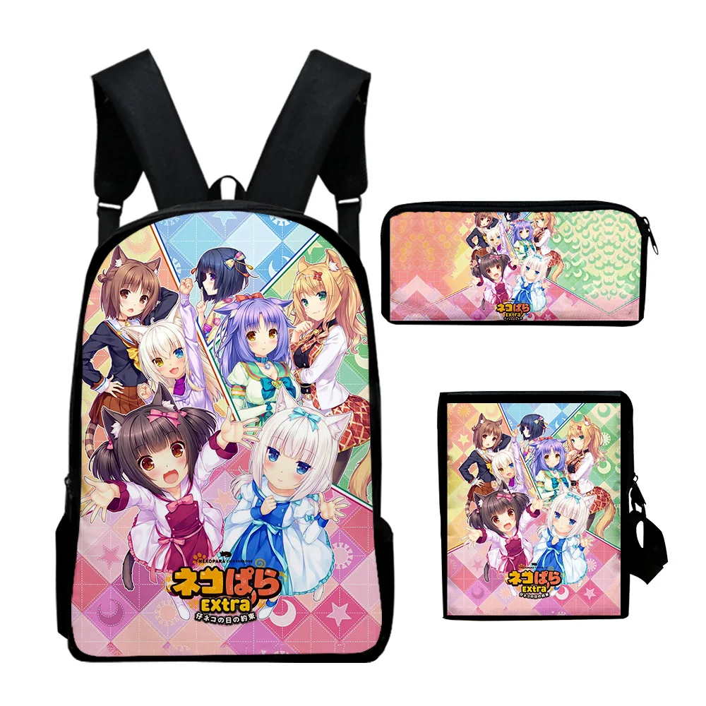 Nekopara Anime Game 2024 New Backpack 3 Pieces Sets Shoulder Bags Unisex Daypack Zipper Bag Unique Pencil Bag