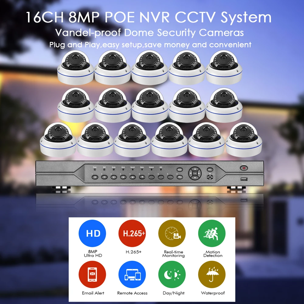 Gadinan 16CH 4K 8MP IP POE Security Camera System P2P AI Face Detect Video Surveillance Kit Audio Outdoor Home CCTV NVR Set