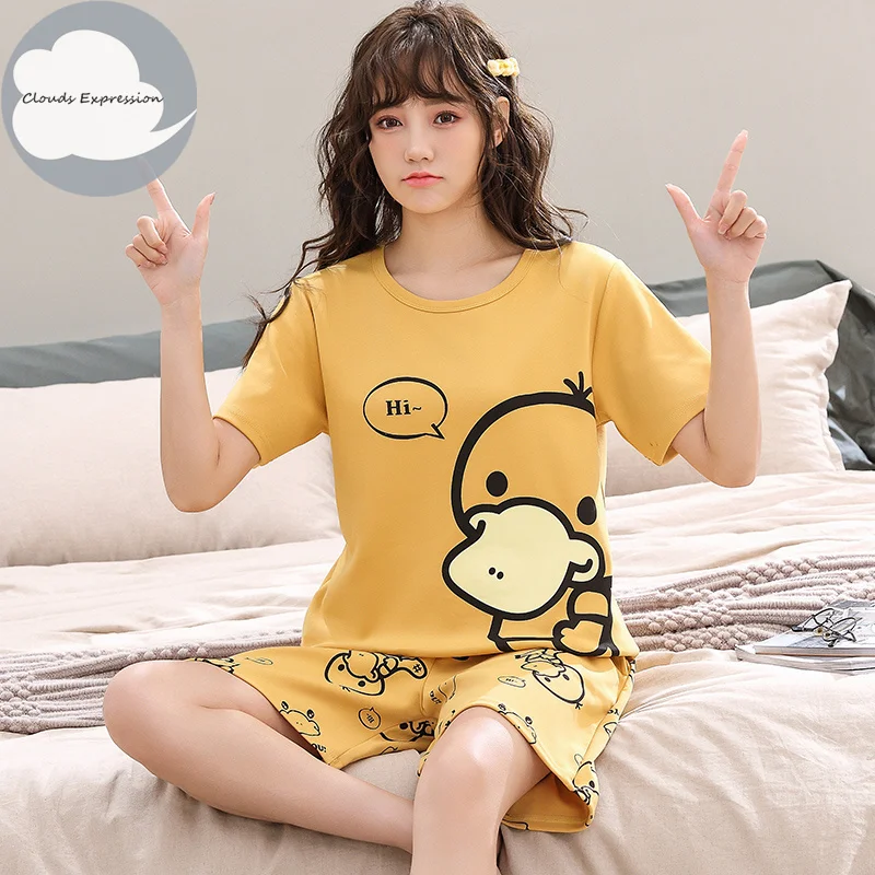 Summer Knitted Cotton Cartoon Duck Print Sleepwear Pajama Sets for Couples Short Suits Young Lovers Pajamas 4XL Homewear Fashion