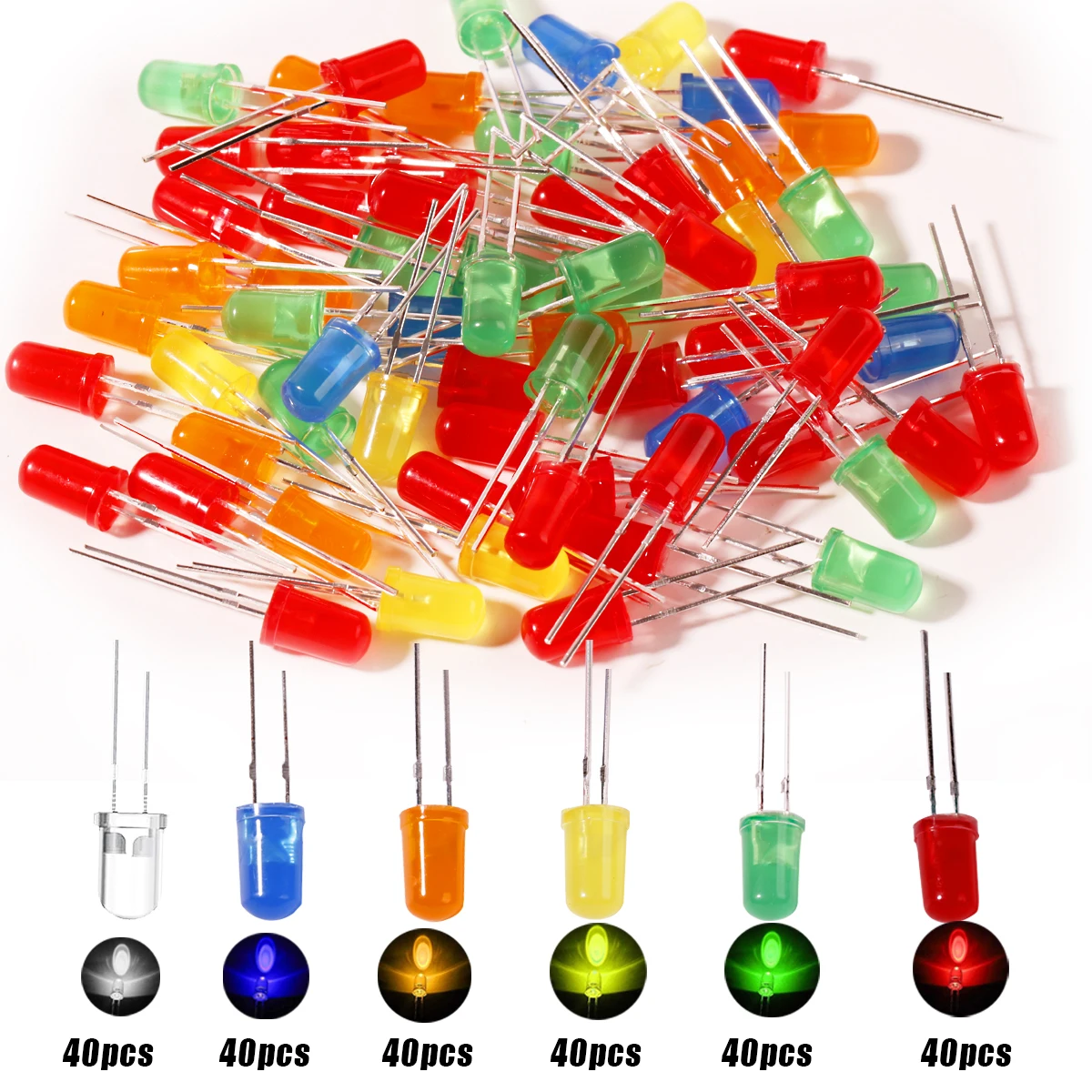 240pcs Led Diode Lights Assortment Kit 3mm/5mm Transparent Light Emitting White Green Red Blue Yellow Orange