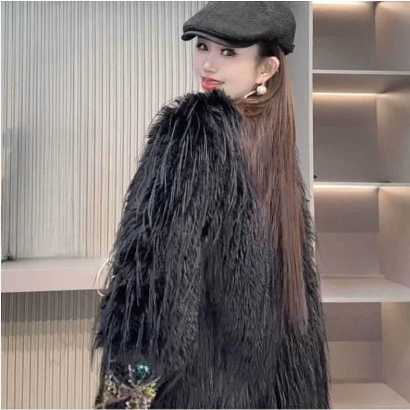 ใหม่ฤดูใบไม้ร่วงฤดูหนาวแฟชั่นขายดี Heavy-Duty หนัง Faux FUR Sequins Stylish หนาอ่อนเยาว์จับคู่กับพู่