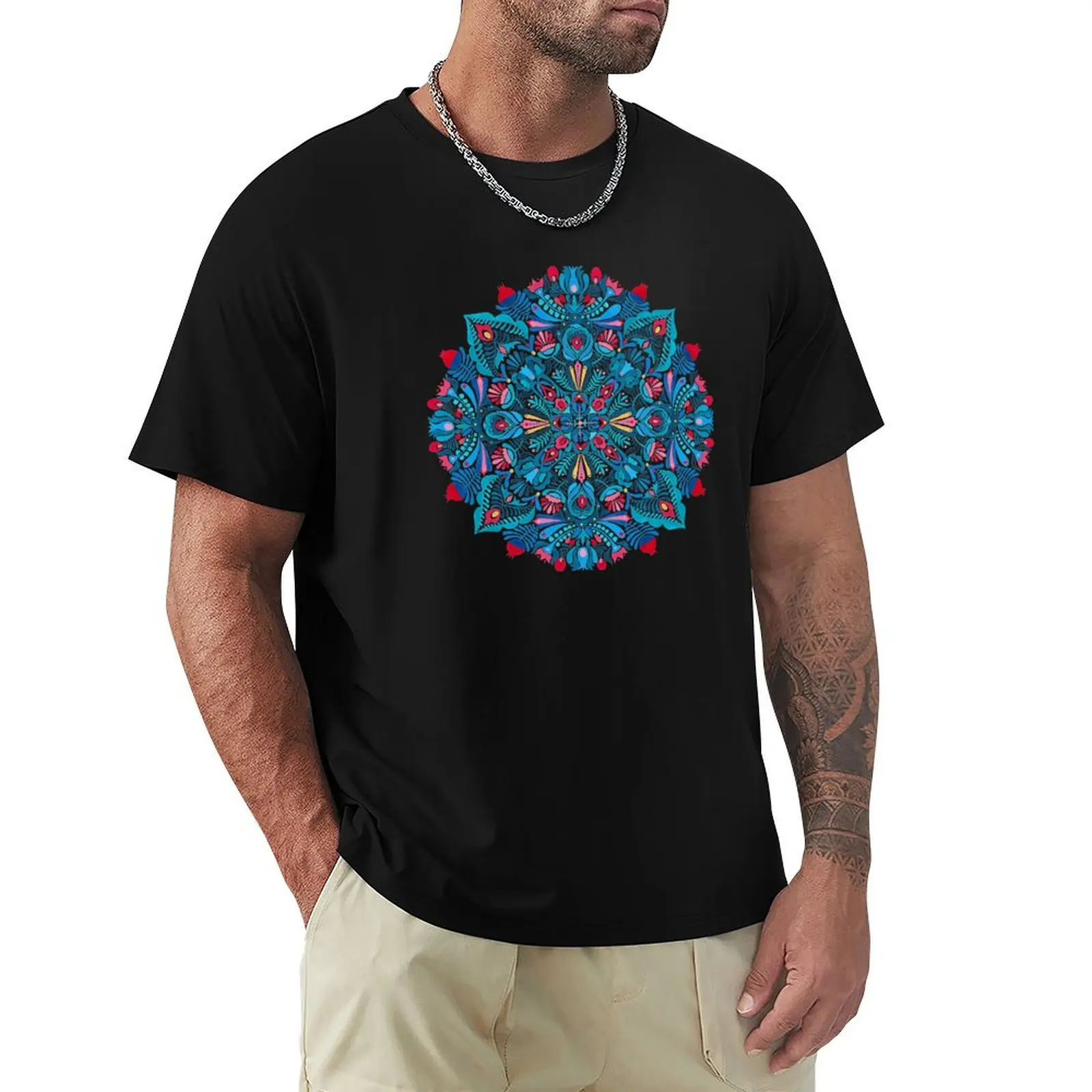 

Pink, light blue springtime mandala on black T-Shirt Blouse Man t-shirt men graphic t shirts