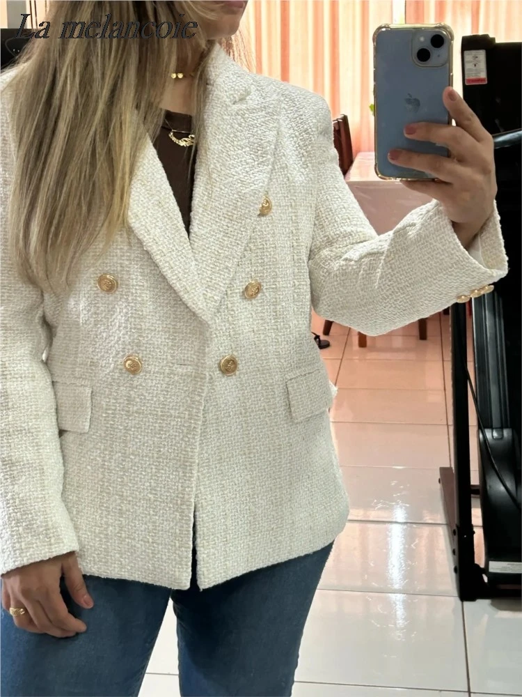 Elegant Blazer Coats Women Autumn Winter 2024 New Fashion Korean Tweed Double Breasted Jacket Office Ladies Pockets Suits Coat