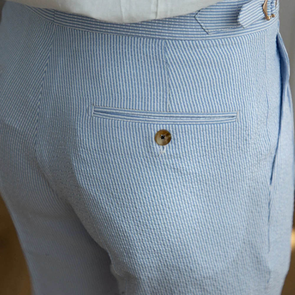 Seersucker-Pantalones rectos de cintura alta para Hombre, pantalón informal italiano a rayas azules, estilo británico, para verano