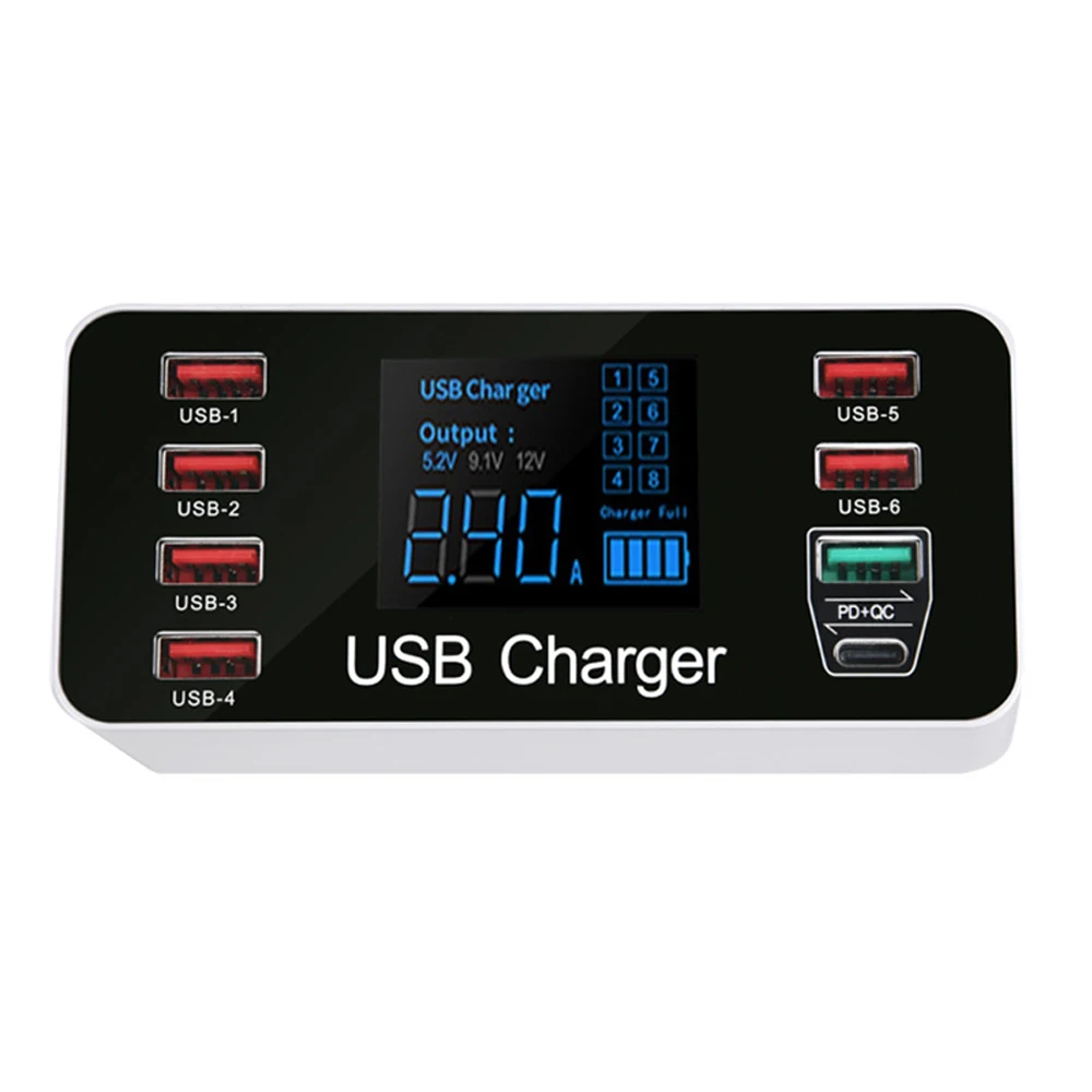 USB Charger Station Quick Charger 3.0 Smart LED Digital display 40W 8-port Multi USB Type C PD Charger Fast Charging Station HUB