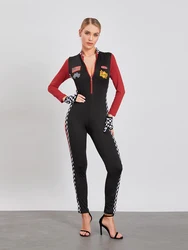 Women Racer Costume Halloween Cosplay Clothing Long Sleeve Zipped Patchwork Slim Jumpsuit Female Motorcycle Romper Streetwear