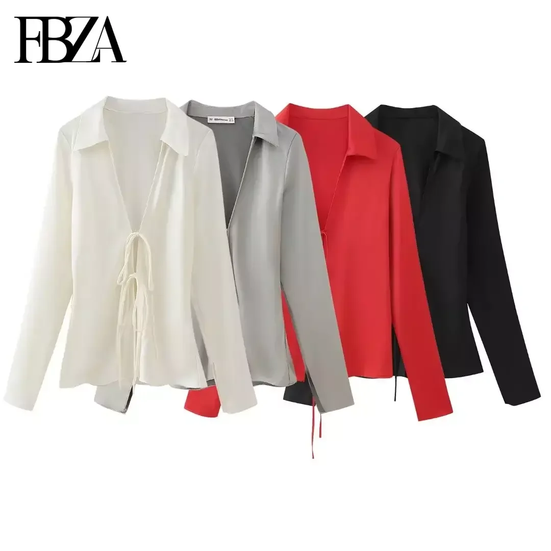 TRAF Women Fashion Spring New 2024 Bow Satin Texture Long Sleeve Lapel Blouse Street Clothing Shirt Chic Ladies Tops Mujer