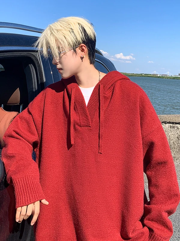 

Red Hoodie Sweatirt Men's Lazy Sle Knitted irt Couple's American Retro Jaet TANGZ STUDIO Soft Acrylic Material ex