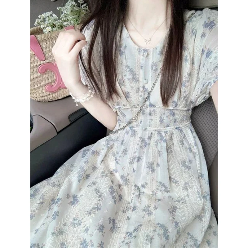 Floral Print Puff Sleeve Slim Fit Long Dress Women's Summer New Style Waist Cinched round Neck Dress French Style Casual A-Li...