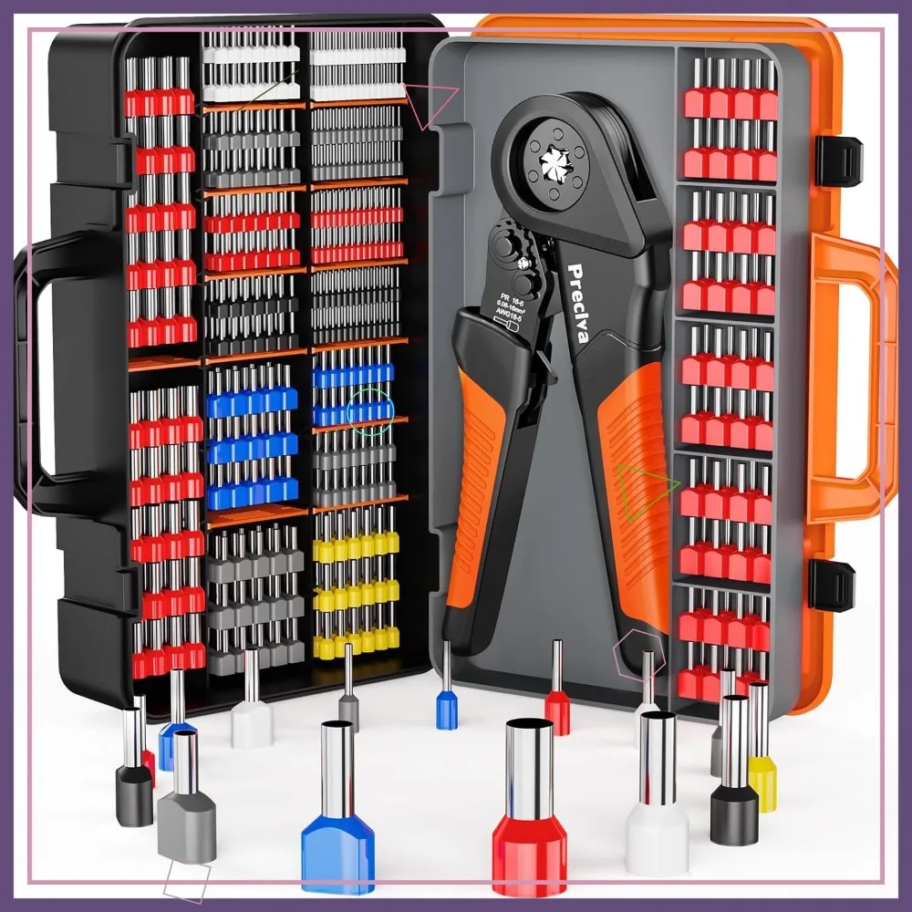 

Professional Ferrule Crimping Tool Kit with 1300Pcs Connectors, Self-Adjustable Ratchet for AWG 28-5 (0.08-16mm²) Wires