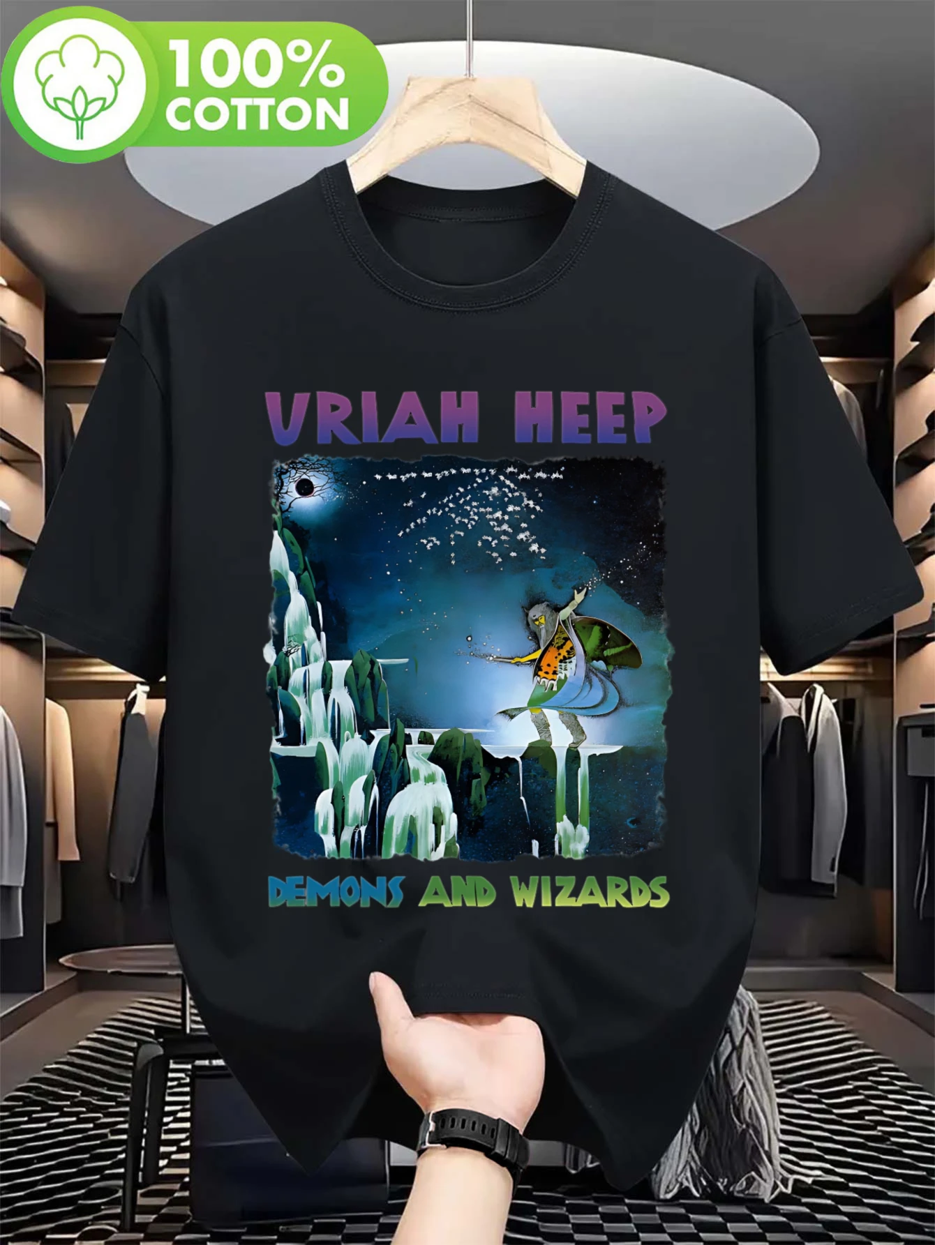 Camiseta de Verano para Hombre BBRB-131-BK Uriah Heep con Estampado de Diablo y Mago - 180g Algodón Puro, Cuello Redondo Casual, Manga Corta