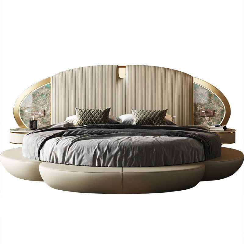 

Light luxury leather round bed 2024 new modern simple villa master bedroom luxury round bed Italian double