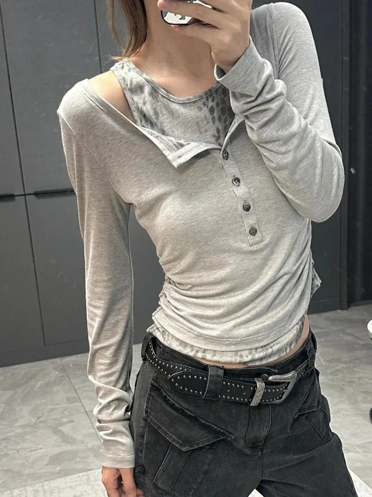 Harajuku Grau Leopard Gefälschte Zwei Stück T-shirt Frauen Herbst Off Schulter Slim Fit Basis Crop Top Vintage Grunge Streetwear