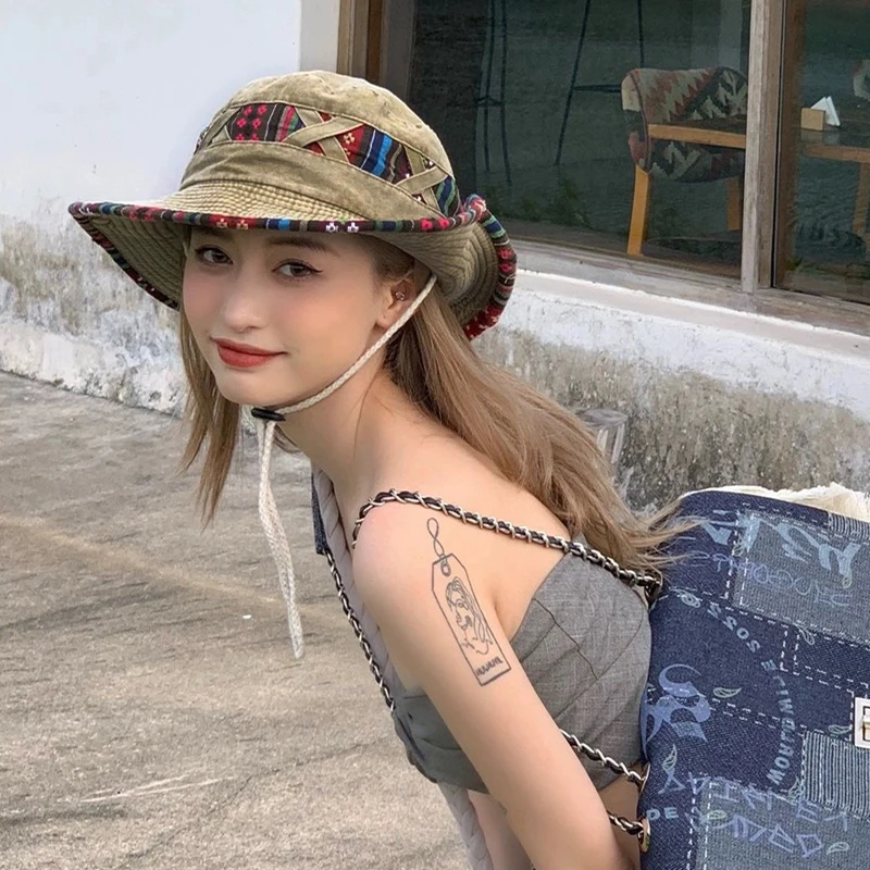 Ethnic Style Travel Bucket Hat Drawstring New Unisex Retro Sunshade Outdoor Breathable Niche Versatile Casual Fashion Alpine Cap