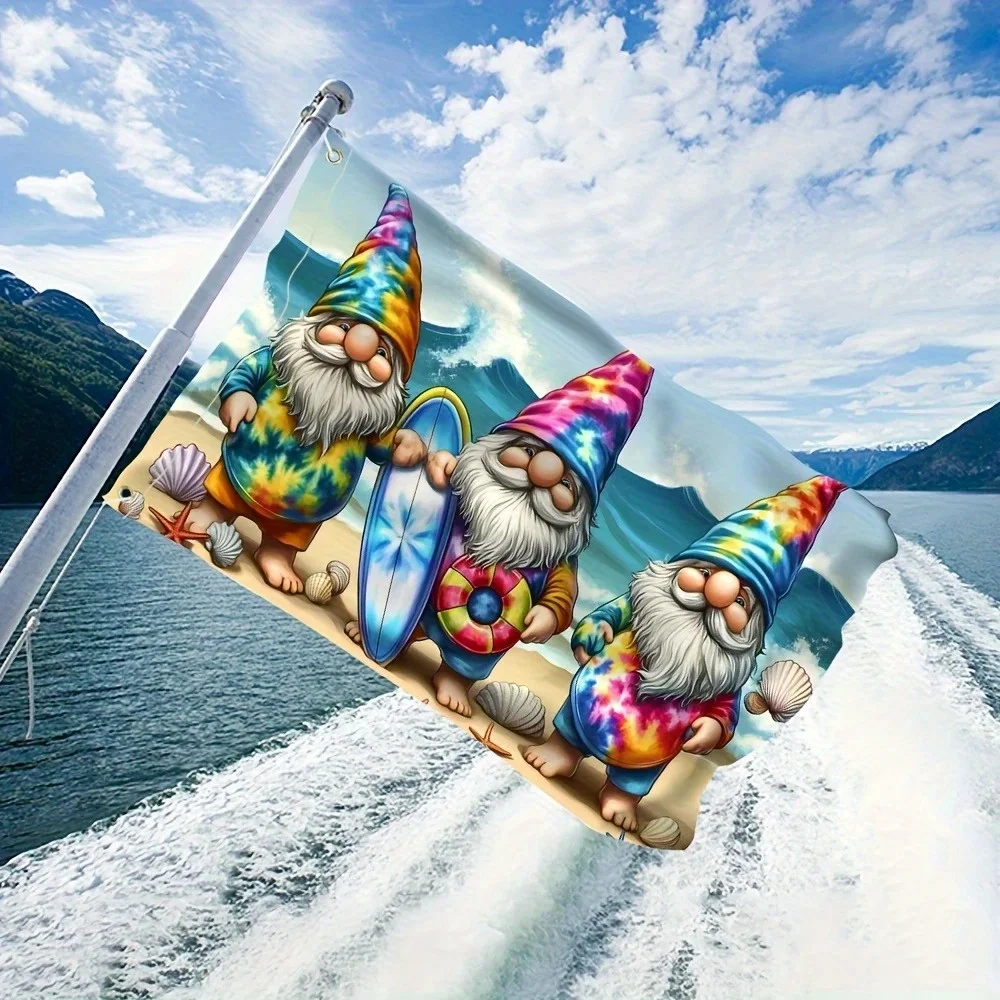 Tie-Dye Summer Beach Gnome Flag Surfing Outdoor Yard Decor Polyester Garden Banner