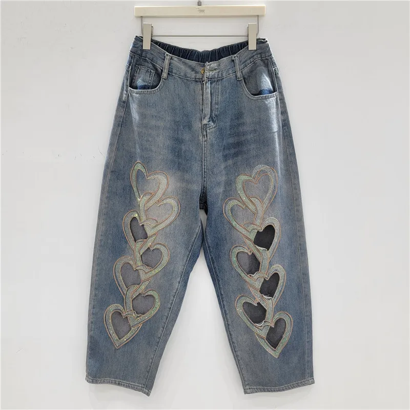 

2025 New Fashion Summer Women's Jeans Elastic Waist Hot Diamonds Heart Hollow Out Denim Ankle-Length Harem Pants