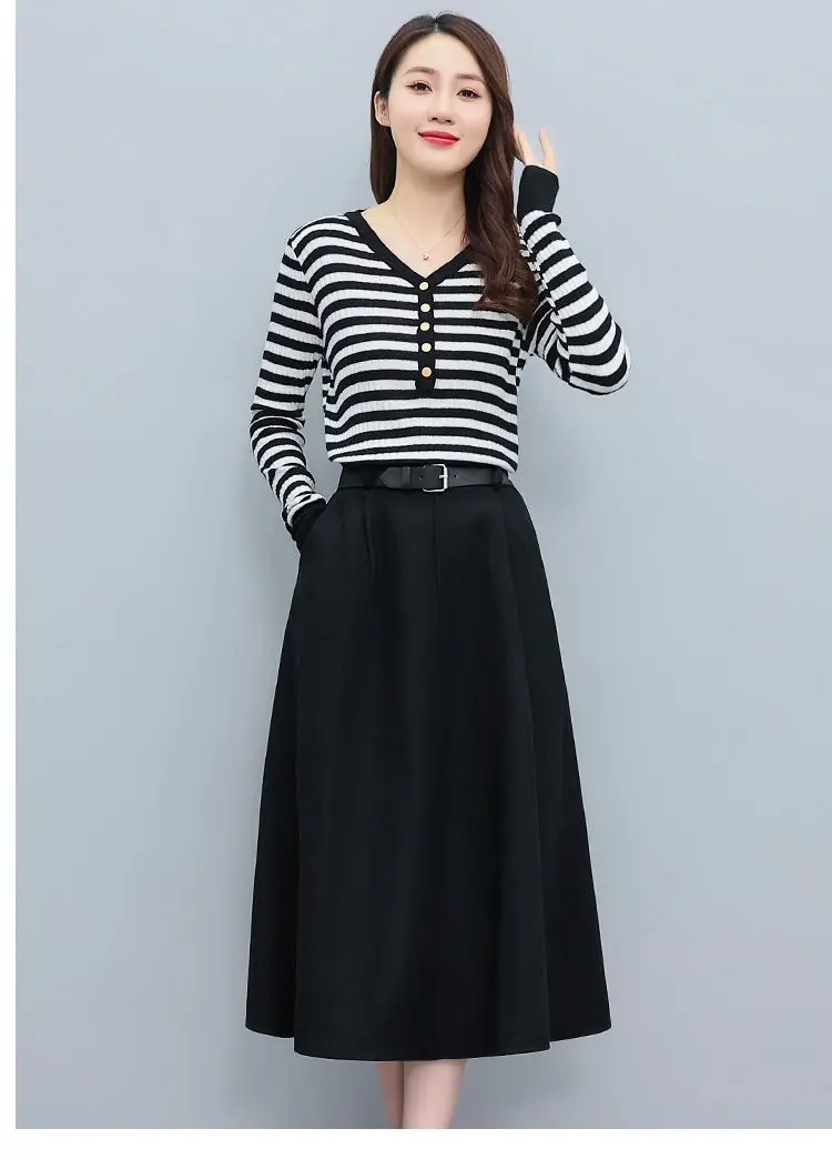 Autumn New Early Autumn Women's Clothing Set Dress with Contrasting Stripes Gentle Autumn Early Autumn Two-piece Dress Suit