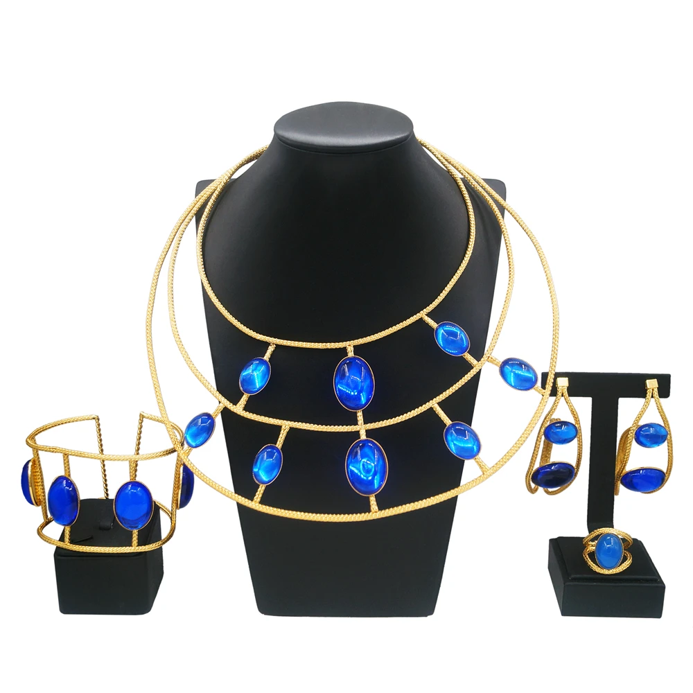 

Yulaili Fashion Ladies Jewelry Set Luxurious gold plated exquisite blue gemstone set rich Brazil Dubai wedding bridesmaid access