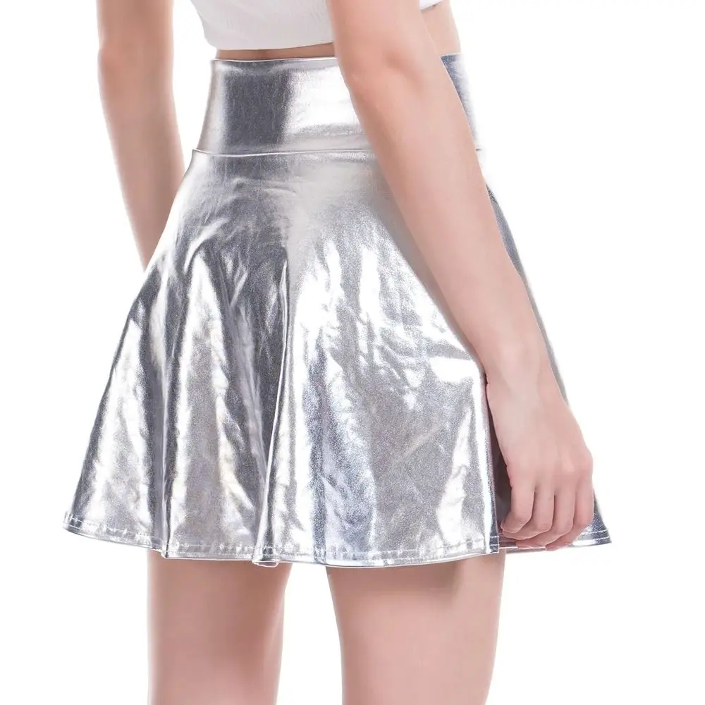 Elegant Metallic Pleated Skirt Gold Silver Retro Shiny Short Dress Flared Design Solid Color A-line Short Skirt Clubwear