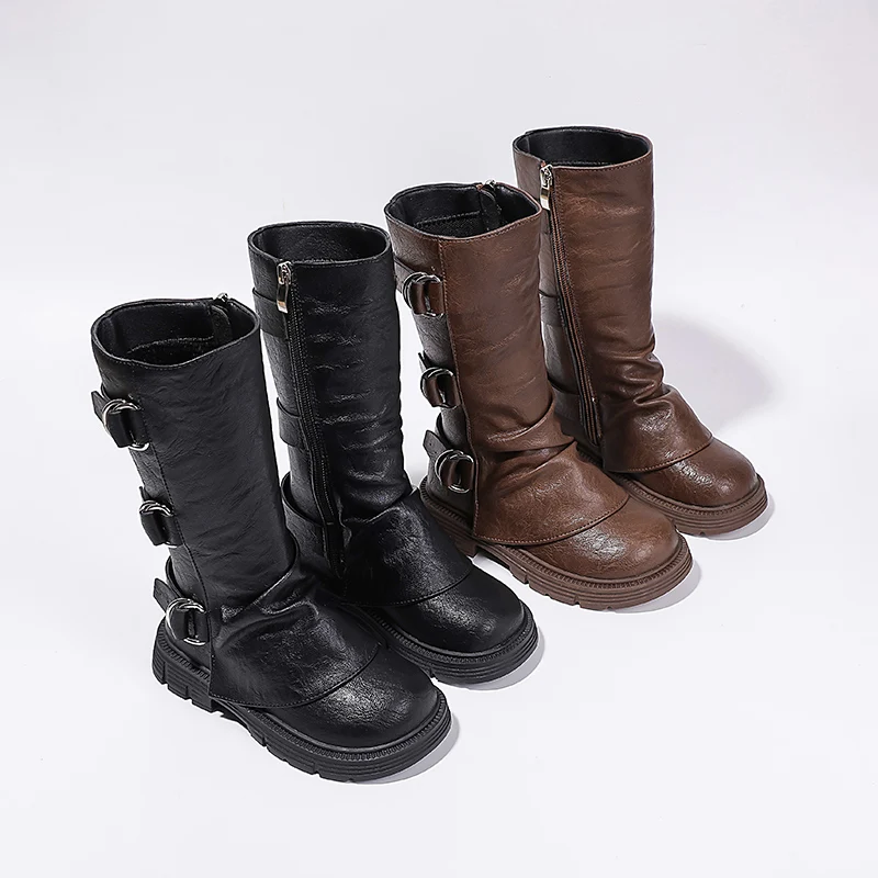 Winter New Girls Mid-calf Boots Fashion British style Children Long Boots Simple Thick Bottom Classic Kids Catwalk LeatherBoots