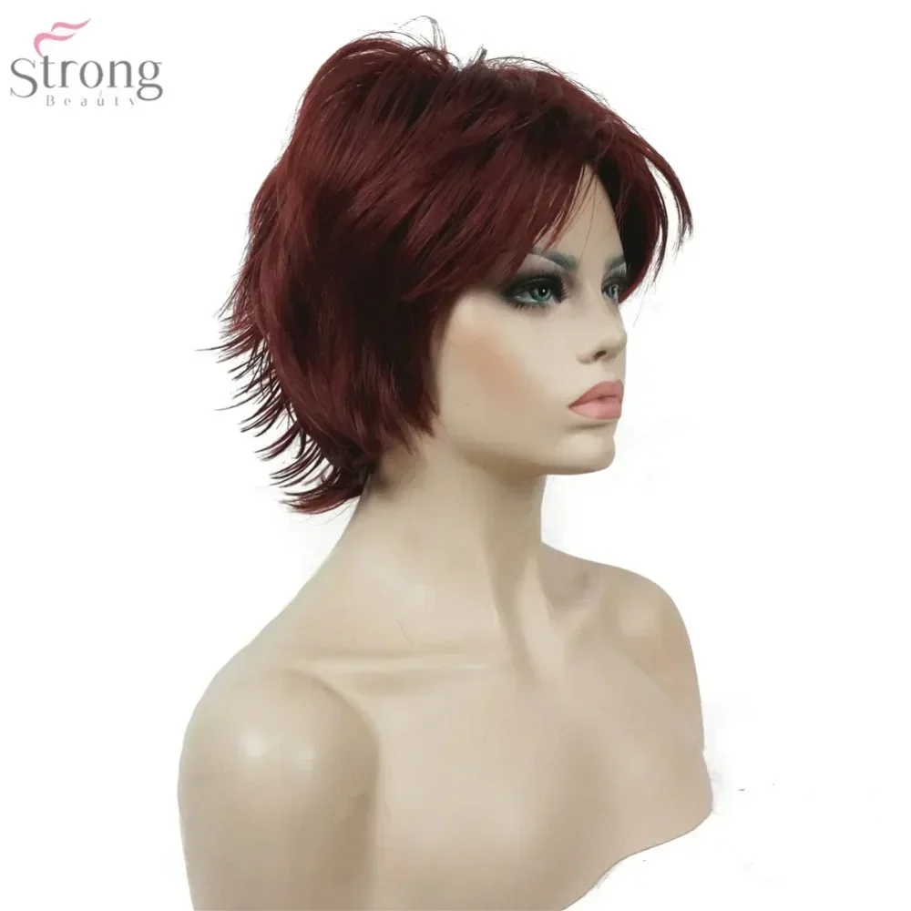 StrongBeauty frauen Perücke Schwarz/wein rot BFluffy Kurze Gerade Layered Haar Synthetische Volle Perücken