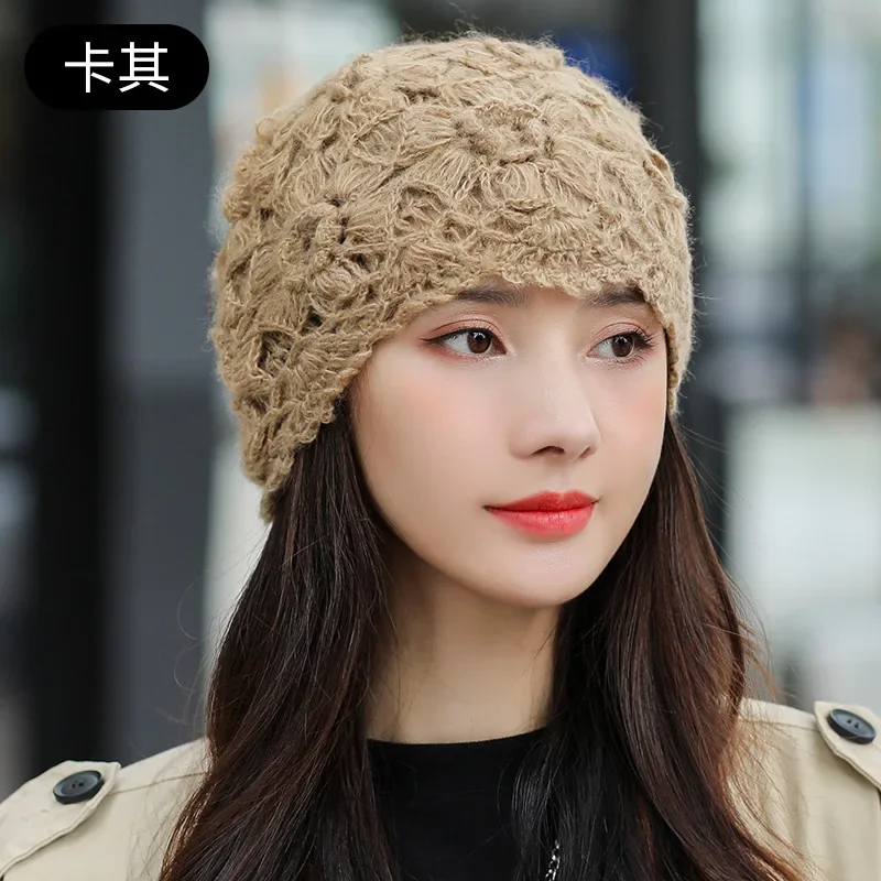 Spring Autumn Handmade Knitted Hat Women Fashion Solid Color Lace All-match Woolen Hats Temperament Elegant Ladies Beanie шапка