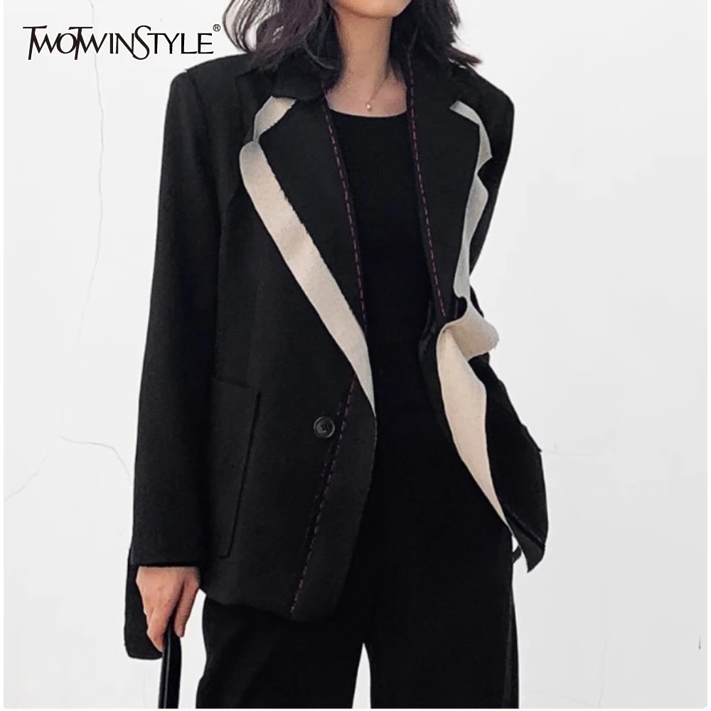 TWOTWINSTYLE Hit Color Slimming Spliced Pockets Coat for Women Lapel Long Sleeve Tunic Jackets Female New