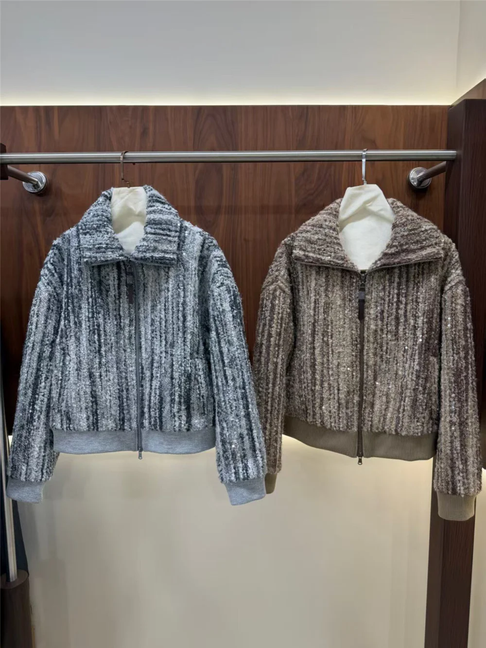 High-End Wool-Blend Large Lapel and Sequin Cardigan Sweater Jacket Women Elegant Sophisticated