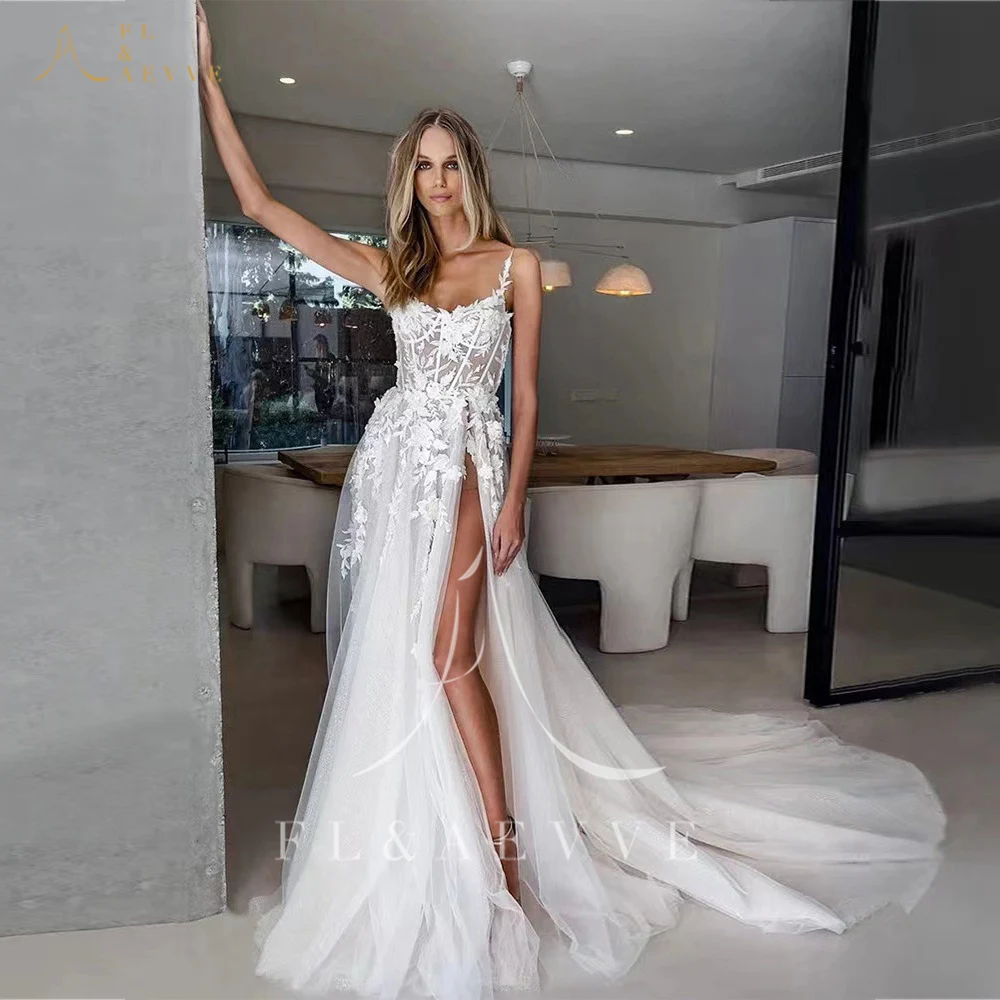 FL & AEVVE فساتين زفاف مثيرة مع شق مخصص أشرطة سباغيتي زينة فستان العروس على شكل حرف v فستان حفلة vestidos de novia #1