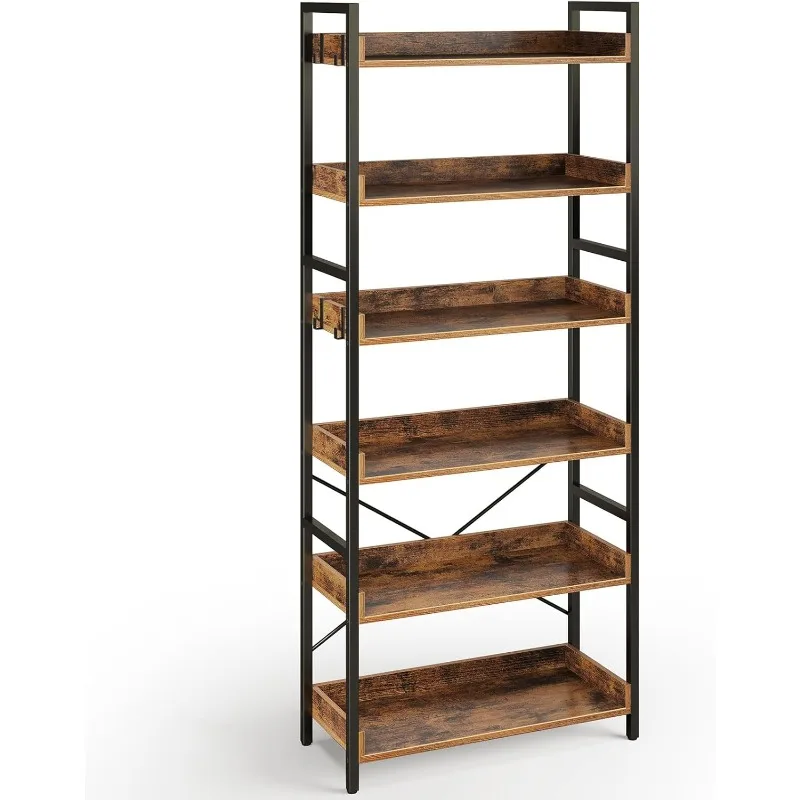 

Bookshelf 6 Tier with 4 Hooks, Industrial Bookcase, Vintage Storage Rack with Open Shelves