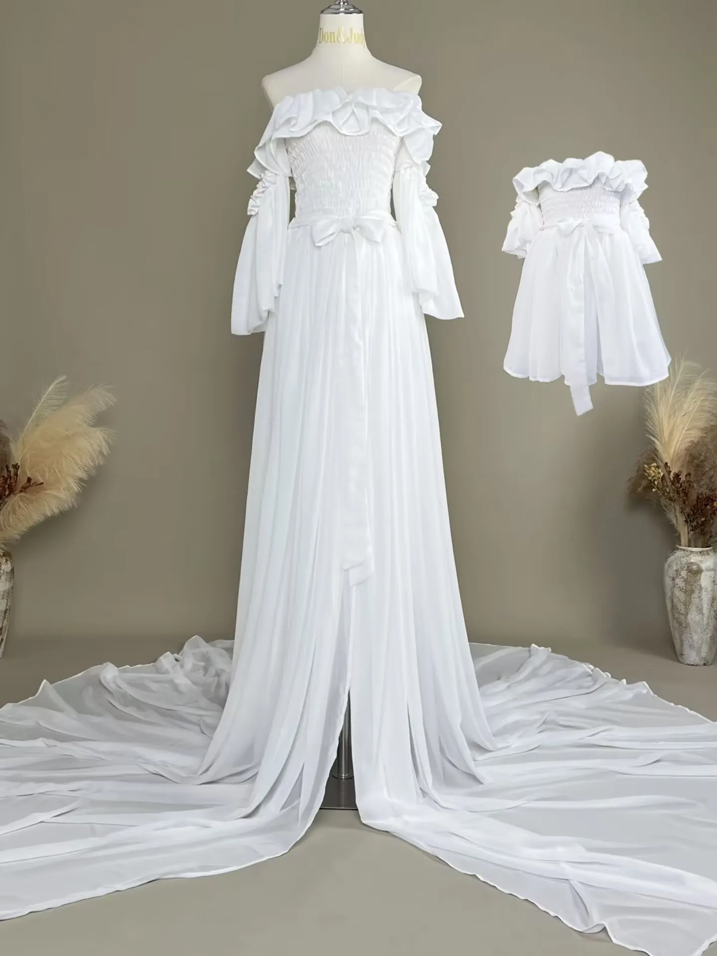 Don&Judy Mother and Daughter Photography Dress Set Chiffon Strapless Gowns for Birthday Party Evening Gown Maternity Photo Shoot