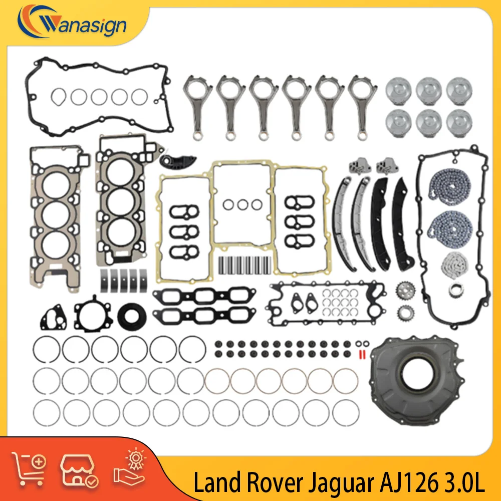 Junta de motor, anillo de pistón, juego de varillas, Kit de cadena de distribución compatible con 3,0 L T GAS AJ126 306PS para Land Rover Range Rover LR4 Jaguar 3.0L