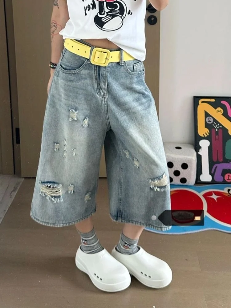 

High Waist American Sle Denim orts Women Summer New Loose Wide Leg Pants Trendy Hollow out Design Pure Color Jeans