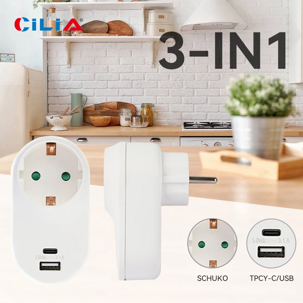 

CILIA Schuko Multi Outlet Extender, Socket Adapter, Wall Plug with 1 USB and Type-C Port, 2 Hole, 1PC, 2PCs